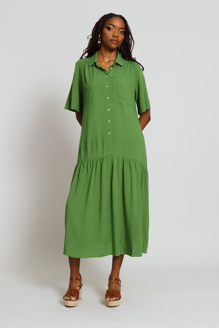 Curved Drop Waist Midi Shirt Dress - Deep Chartreuse