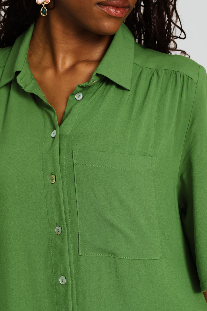 Curved Drop Waist Midi Shirt Dress - Deep Chartreuse
