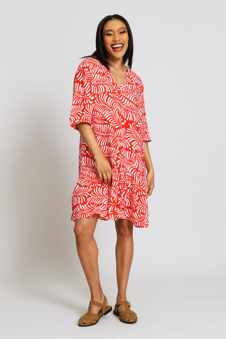 Drop Hem Shift Dress - Orange/White