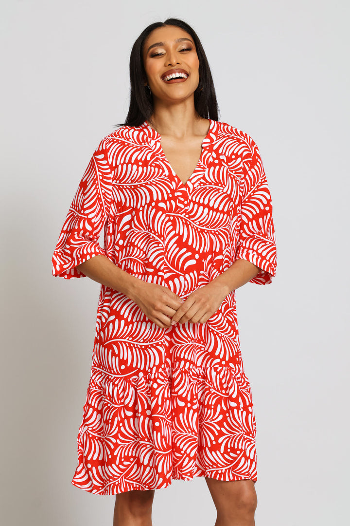 Drop Hem Shift Dress - Orange/White