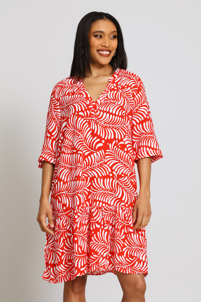 Drop Hem Shift Dress - Orange/White