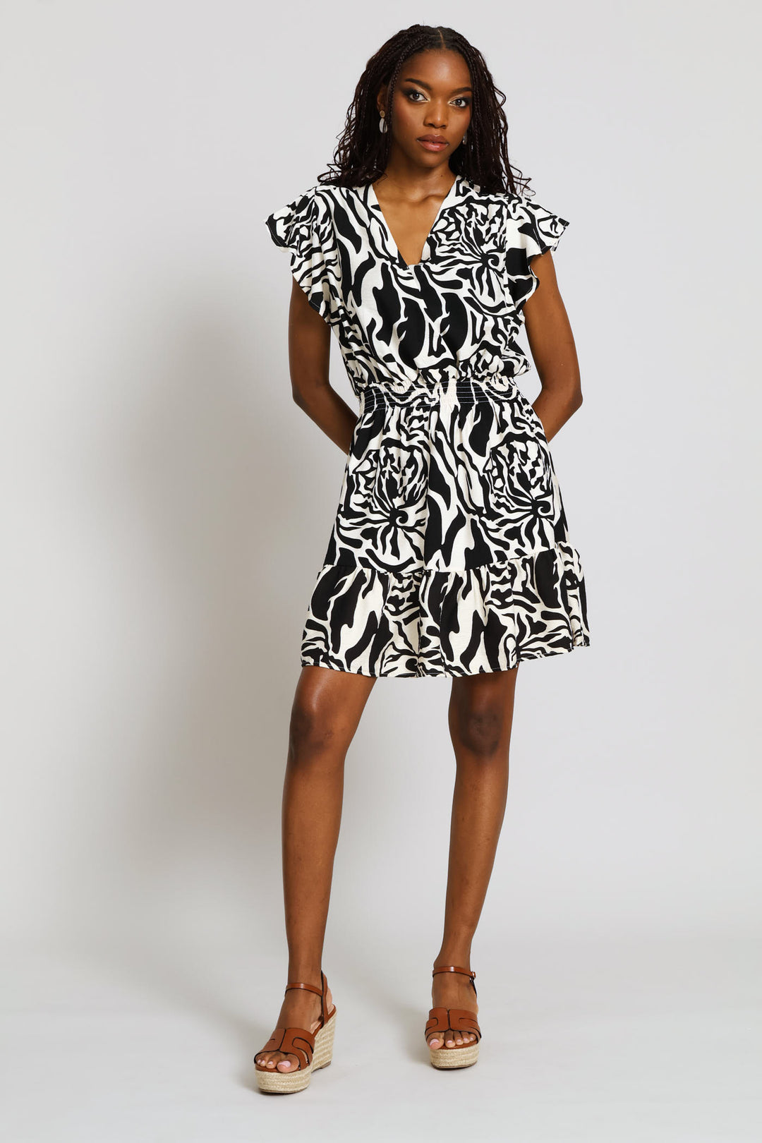 Flutter Sleeve Crossover Shirred Waist Mini Dress - Stone/Black