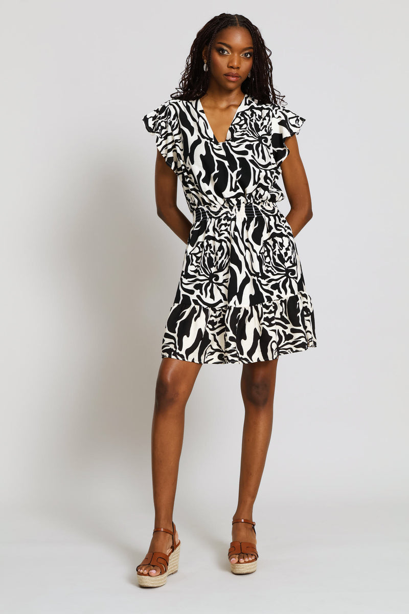 Flutter Sleeve Crossover Shirred Waist Mini Dress - Stone/Black
