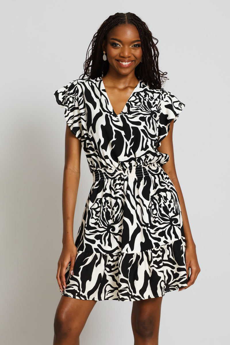 Flutter Sleeve Crossover Shirred Waist Mini Dress - Stone/Black