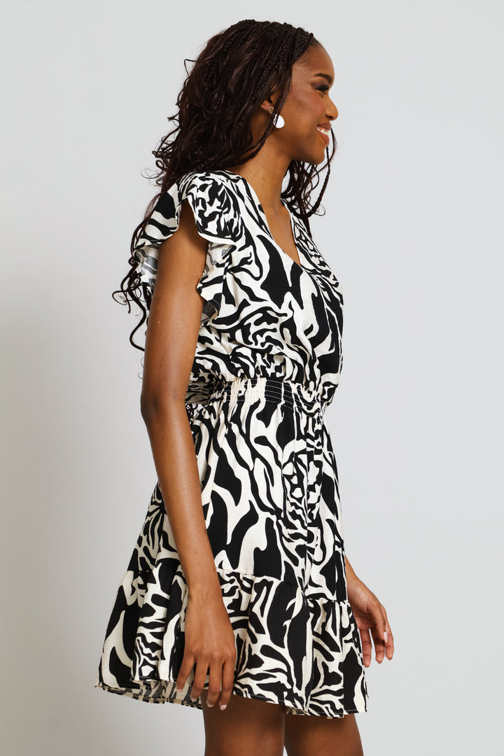 Flutter Sleeve Crossover Shirred Waist Mini Dress - Stone/Black