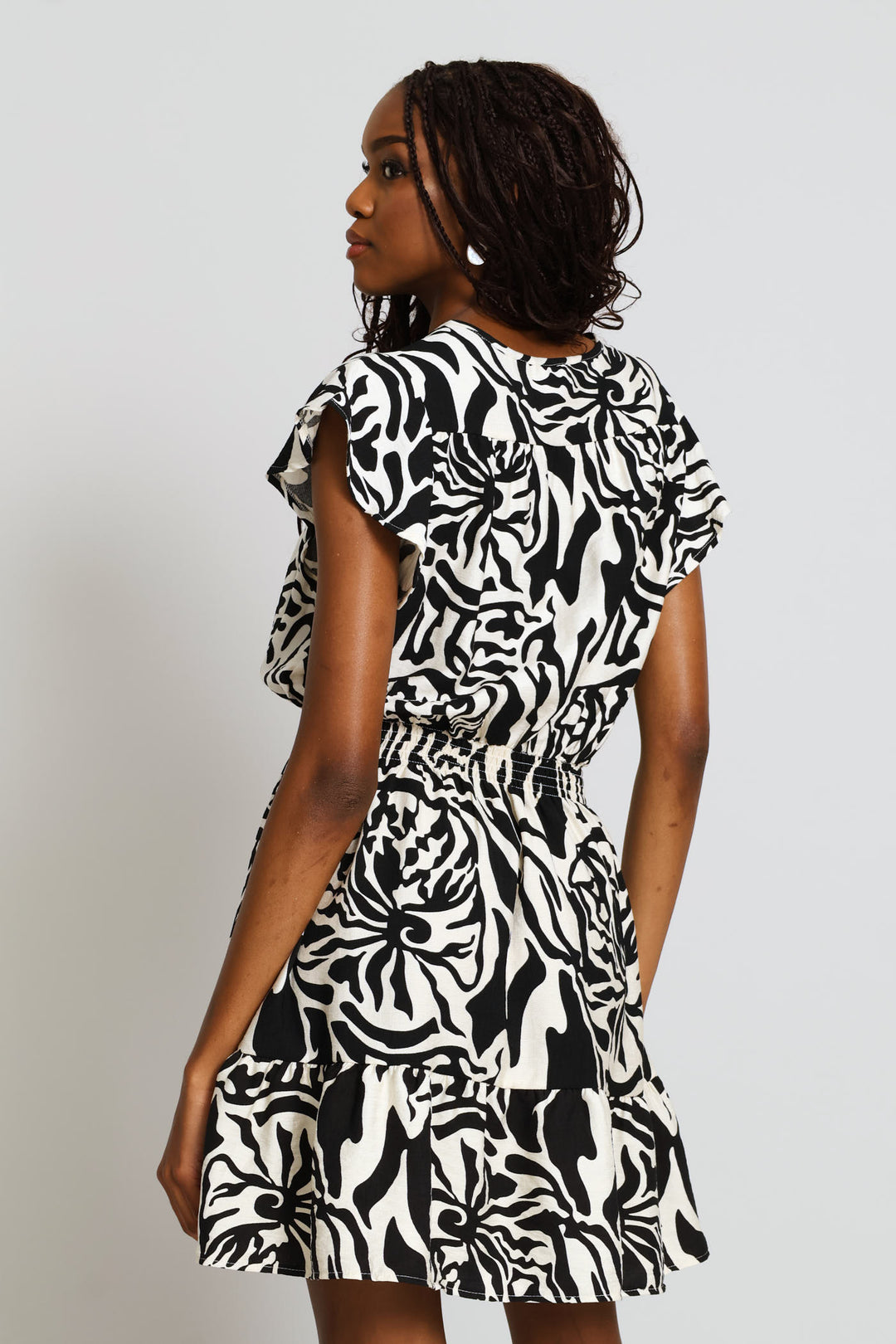 Flutter Sleeve Crossover Shirred Waist Mini Dress - Stone/Black