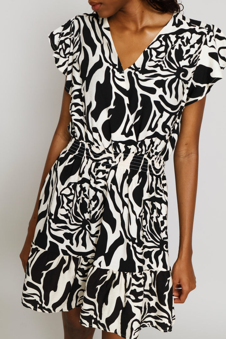 Flutter Sleeve Crossover Shirred Waist Mini Dress - Stone/Black