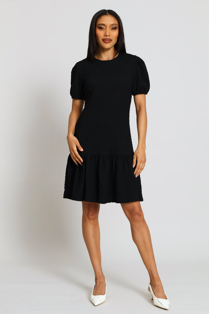 Puff Sleeve Crinkle Frill Hem Dress - Black