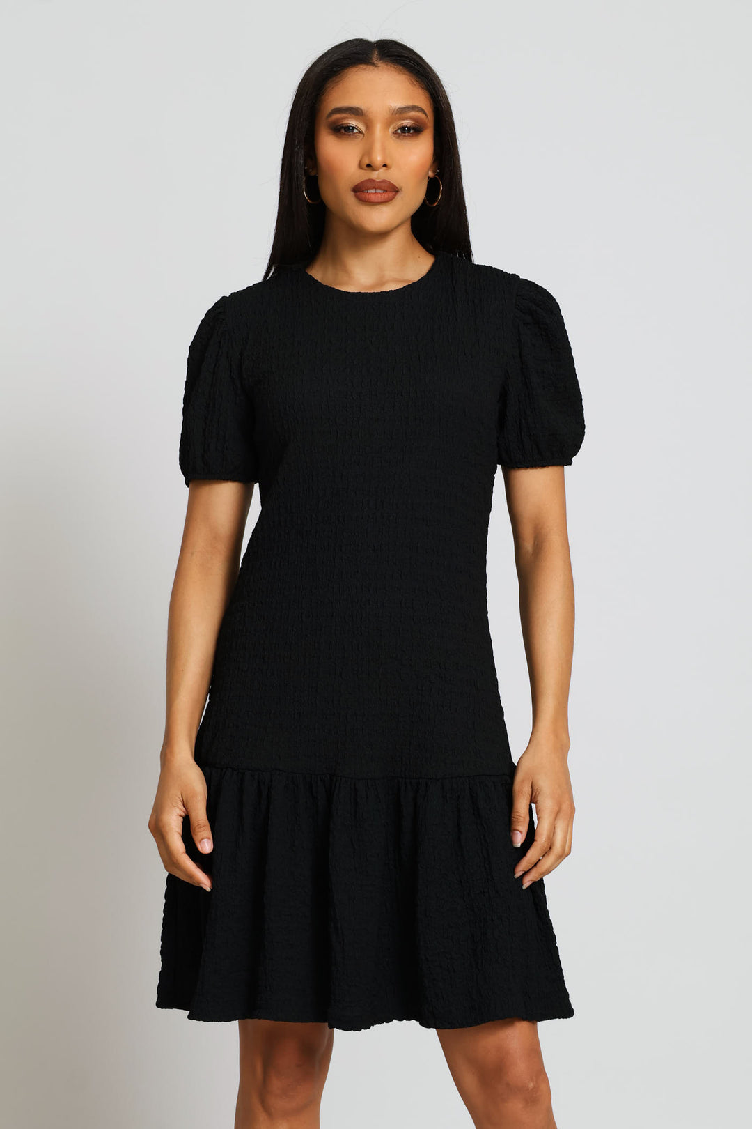 Puff Sleeve Crinkle Frill Hem Dress - Black