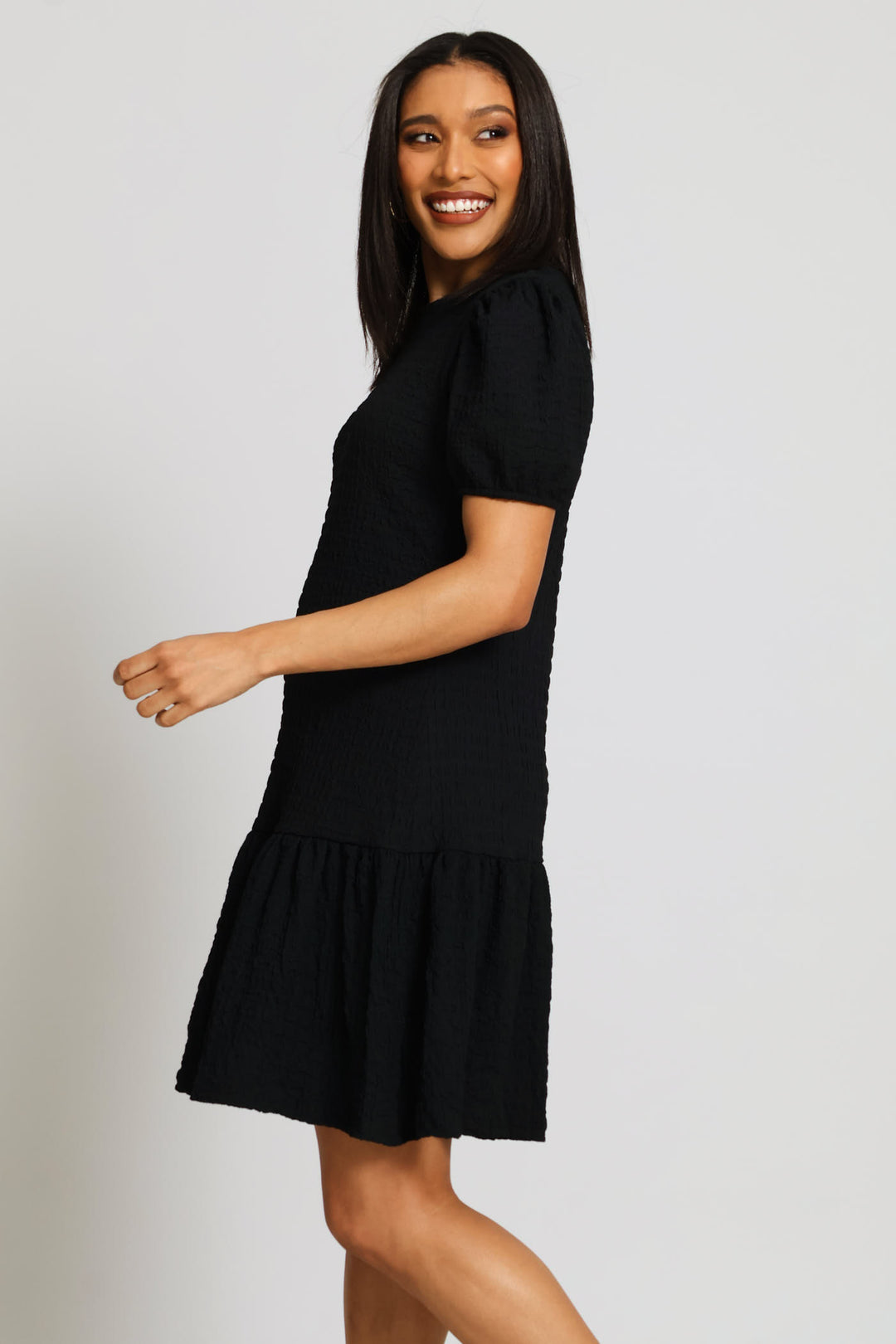 Puff Sleeve Crinkle Frill Hem Dress - Black