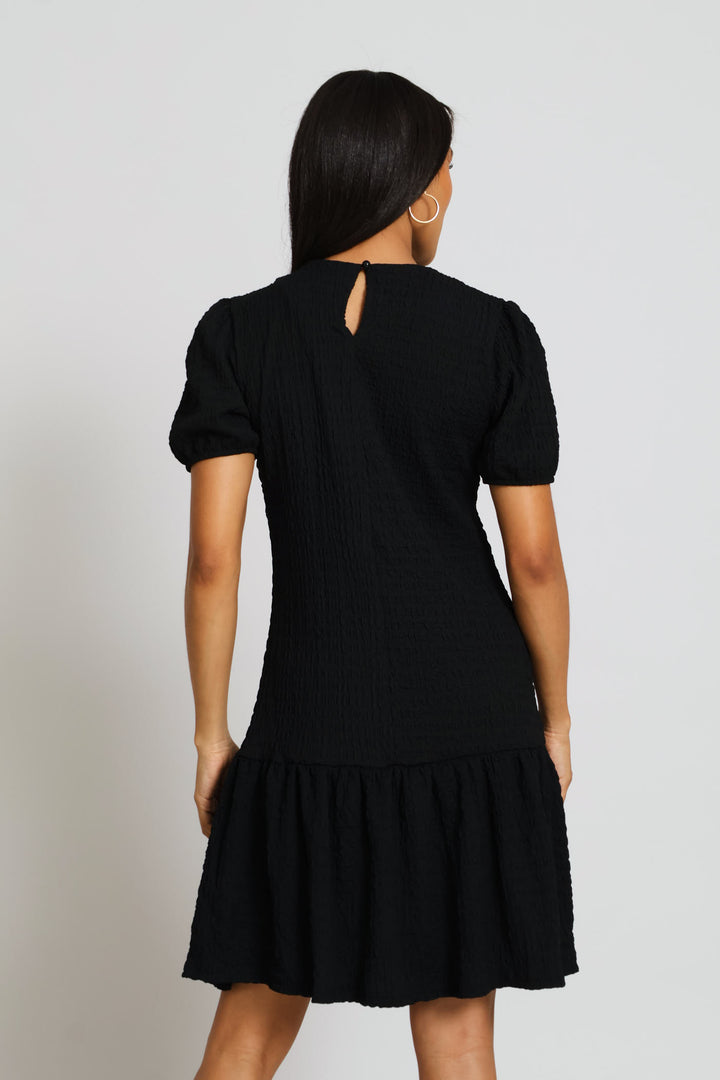 Puff Sleeve Crinkle Frill Hem Dress - Black