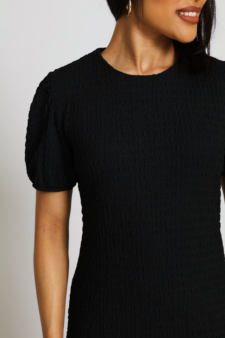 Puff Sleeve Crinkle Frill Hem Dress - Black