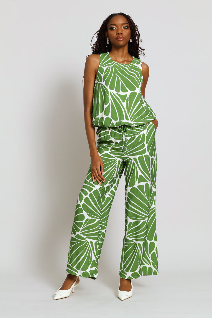 Pull On Shell Wide Leg Pant - Cream/Green