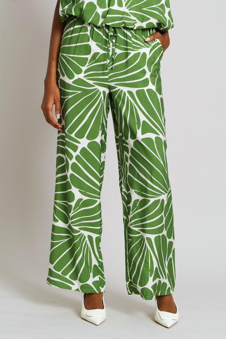 Pull On Shell Wide Leg Pant - Cream/Green