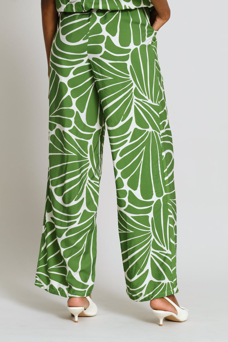 Pull On Shell Wide Leg Pant - Cream/Green