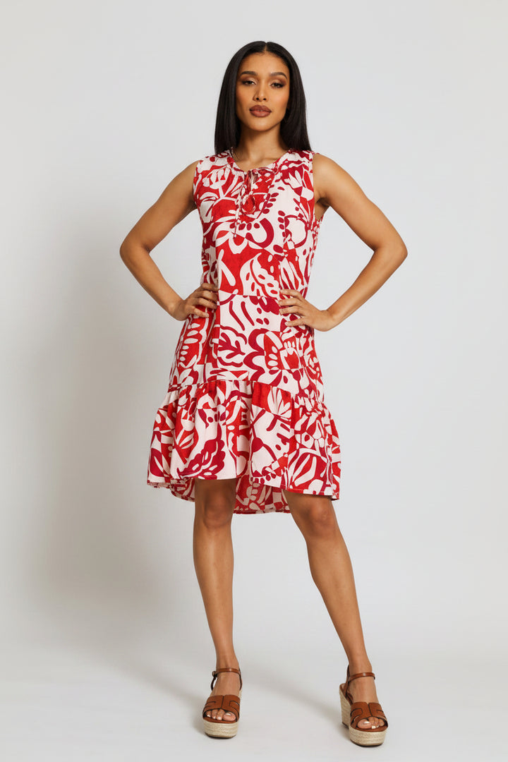 Frill Neck Frill Hem Mini Dress - Red