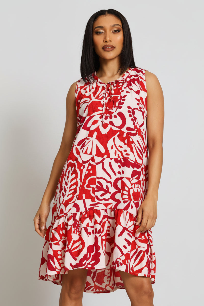 Frill Neck Frill Hem Mini Dress - Red