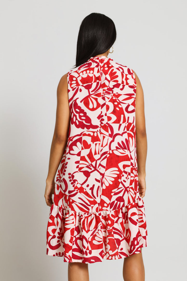 Frill Neck Frill Hem Mini Dress - Red
