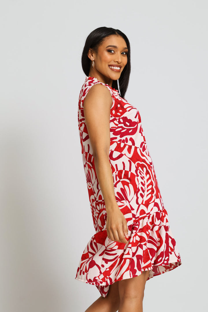 Frill Neck Frill Hem Mini Dress - Red