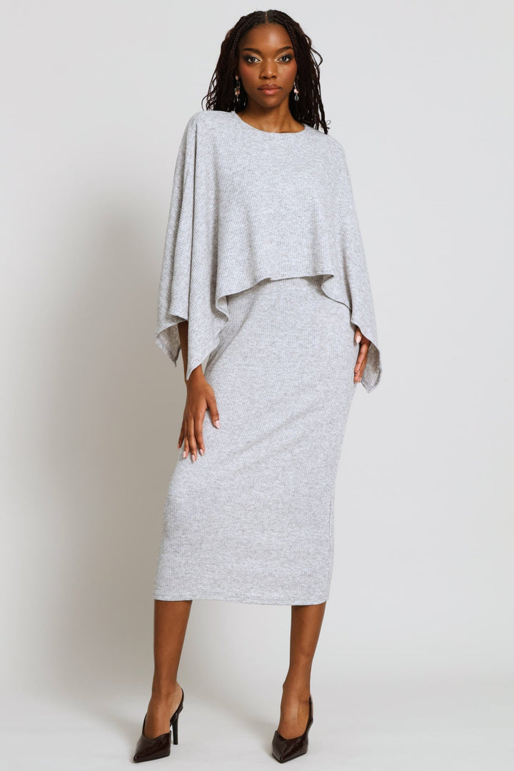 Cape Twofer Rib Column Midi Dress - Grey Melange