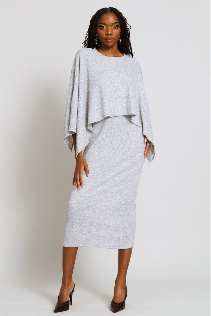 Cape Twofer Rib Column Midi Dress - Grey Melange