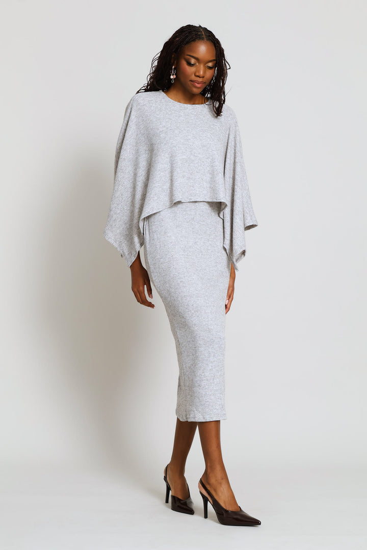 Cape Twofer Rib Column Midi Dress - Grey Melange