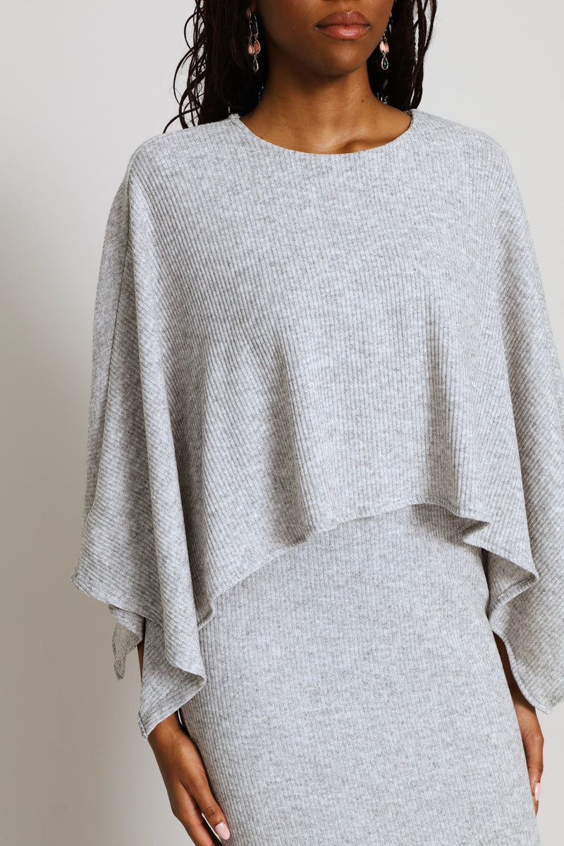 Cape Twofer Rib Column Midi Dress - Grey Melange