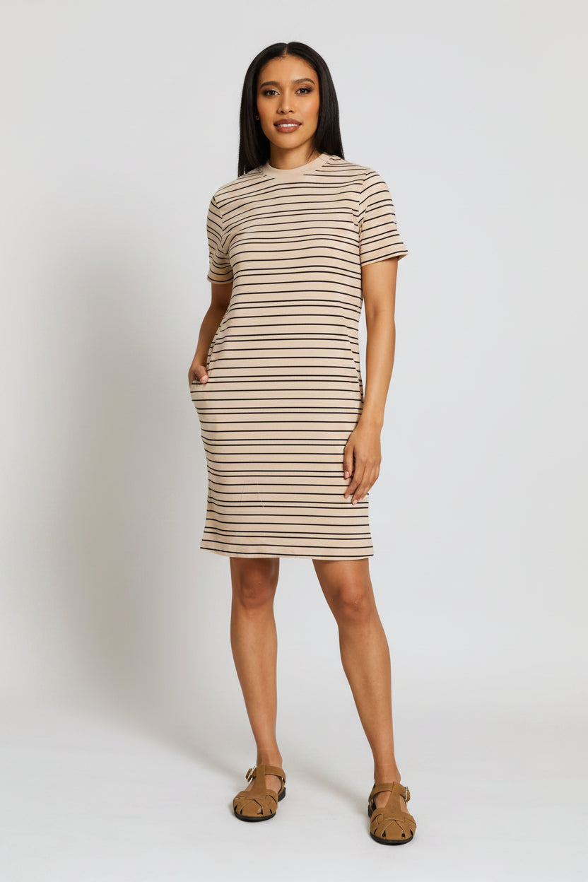 Crew Neck T-Shirt Dress - Stone/Black
