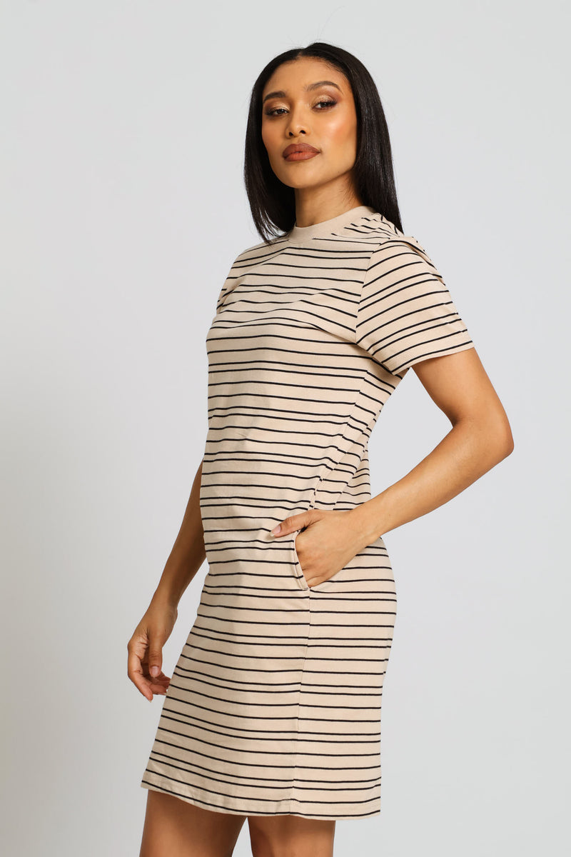 Crew Neck T-Shirt Dress - Stone/Black