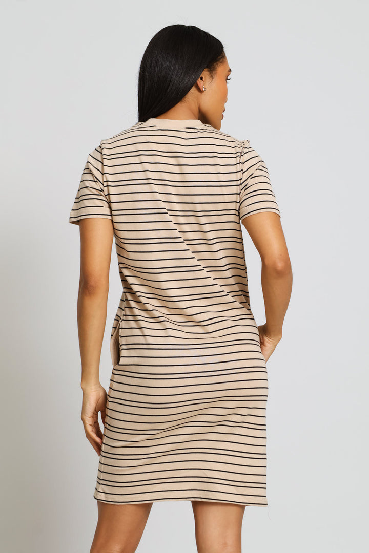 Crew Neck T-Shirt Dress - Stone/Black