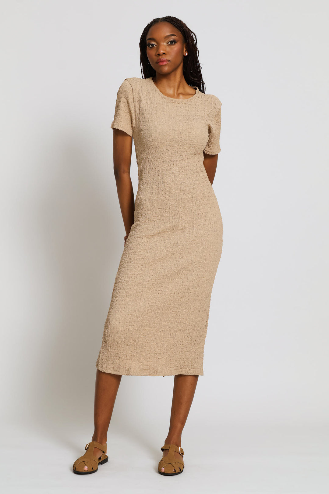 Textured Slip Midi Dress - Dark Beige
