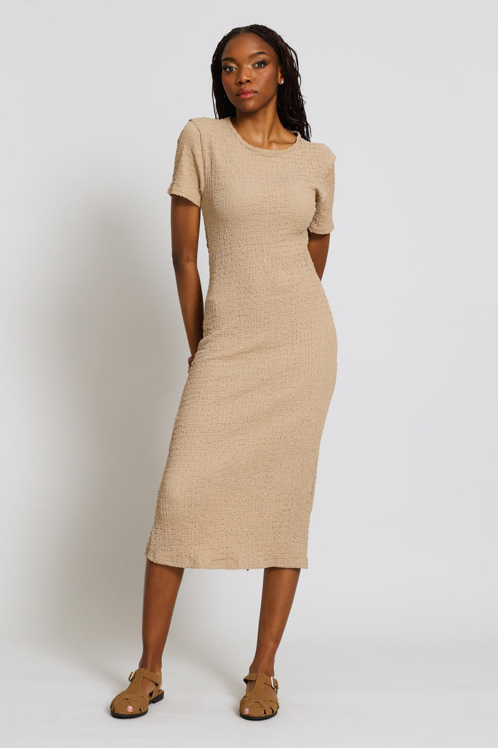 Textured Slip Midi Dress - Dark Beige