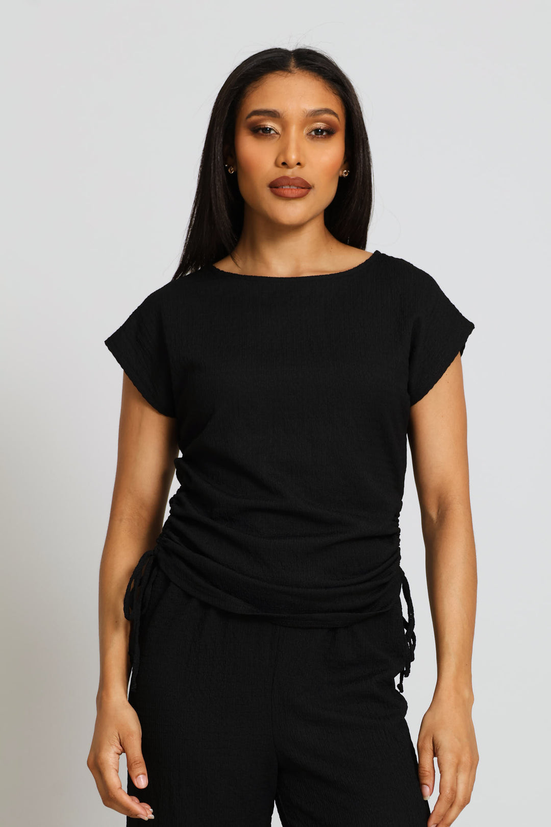 Ruched Sides Crinkle Muscle Tee - Black