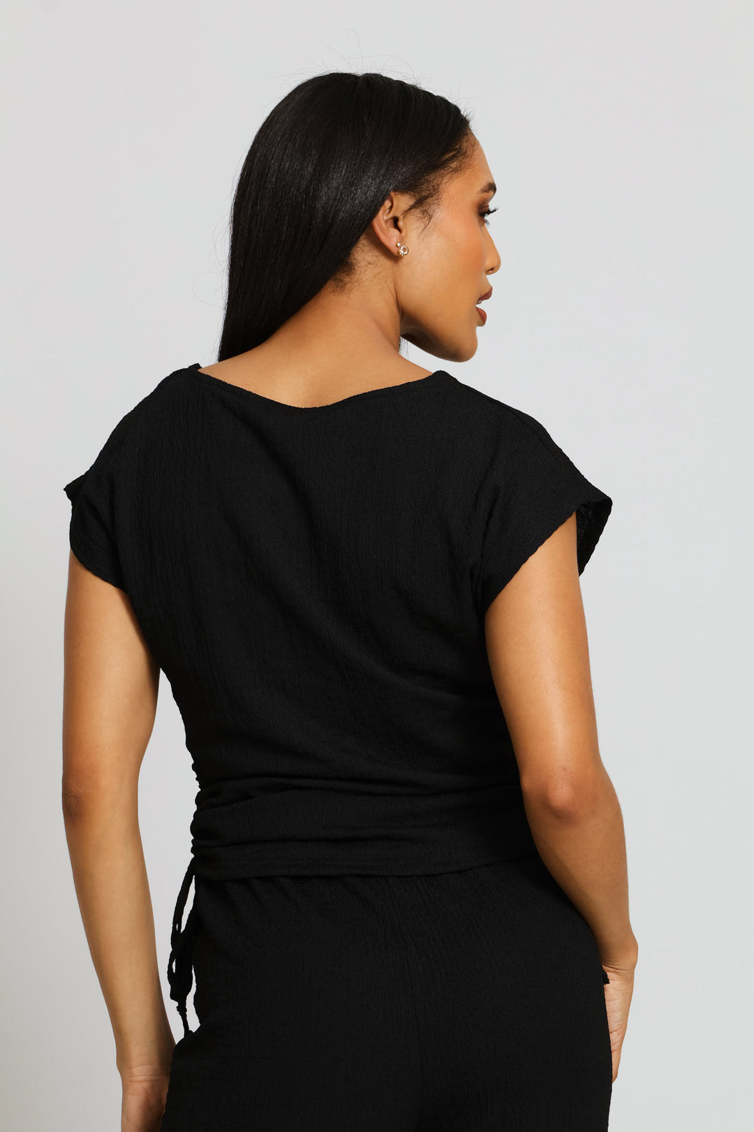 Ruched Sides Crinkle Muscle Tee - Black