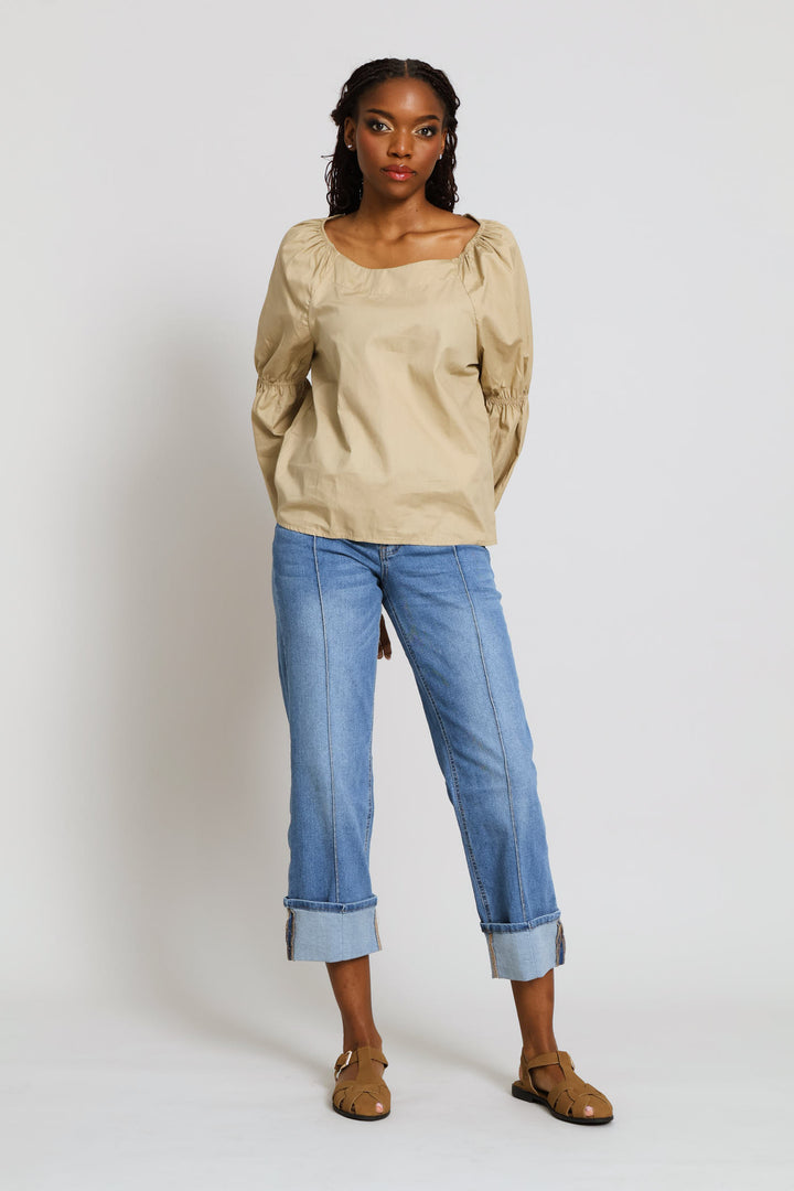 Bubble Sleeve Boat Neck Blouse - Stone