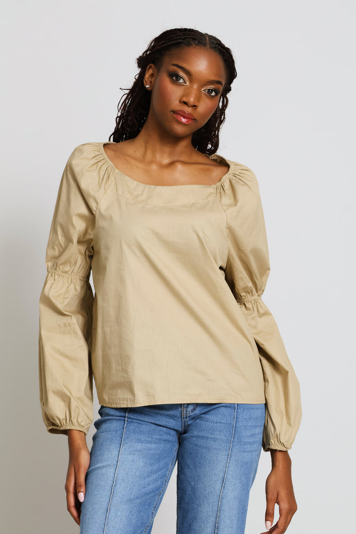 Bubble Sleeve Boat Neck Blouse - Stone