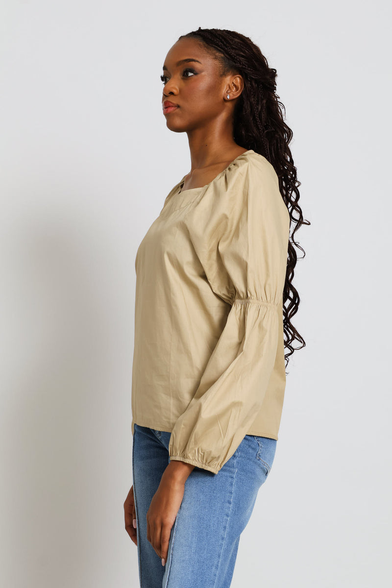 Bubble Sleeve Boat Neck Blouse - Stone
