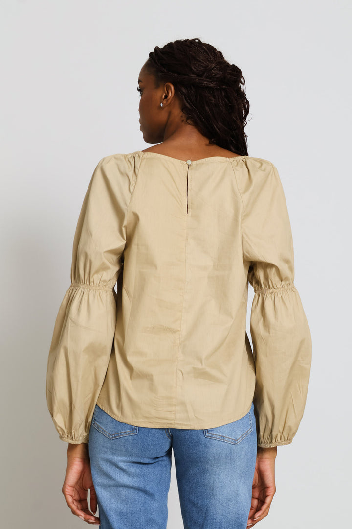 Bubble Sleeve Boat Neck Blouse - Stone