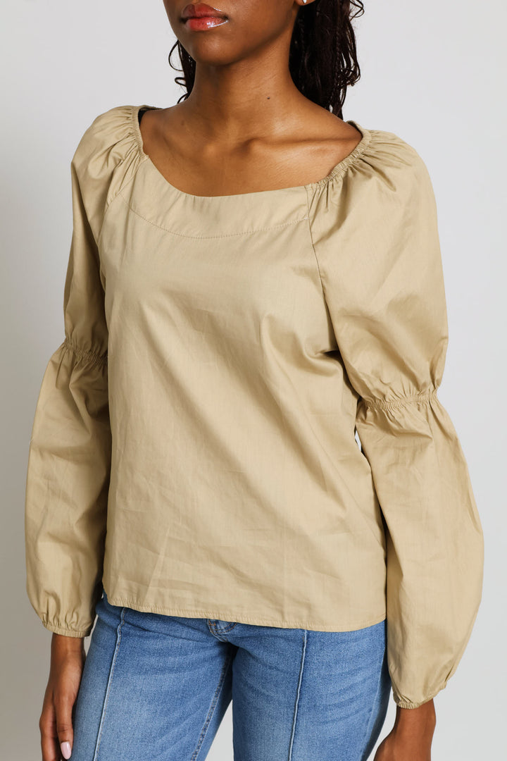 Bubble Sleeve Boat Neck Blouse - Stone
