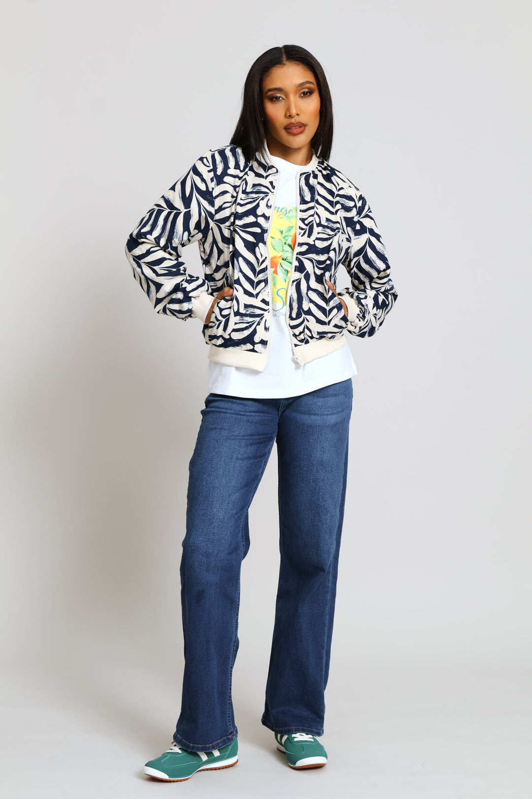 Long Sleeve Printed Bomber Jacket - Navy/Beige