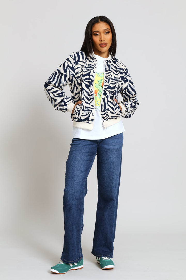 Long Sleeve Printed Bomber Jacket - Navy/Beige