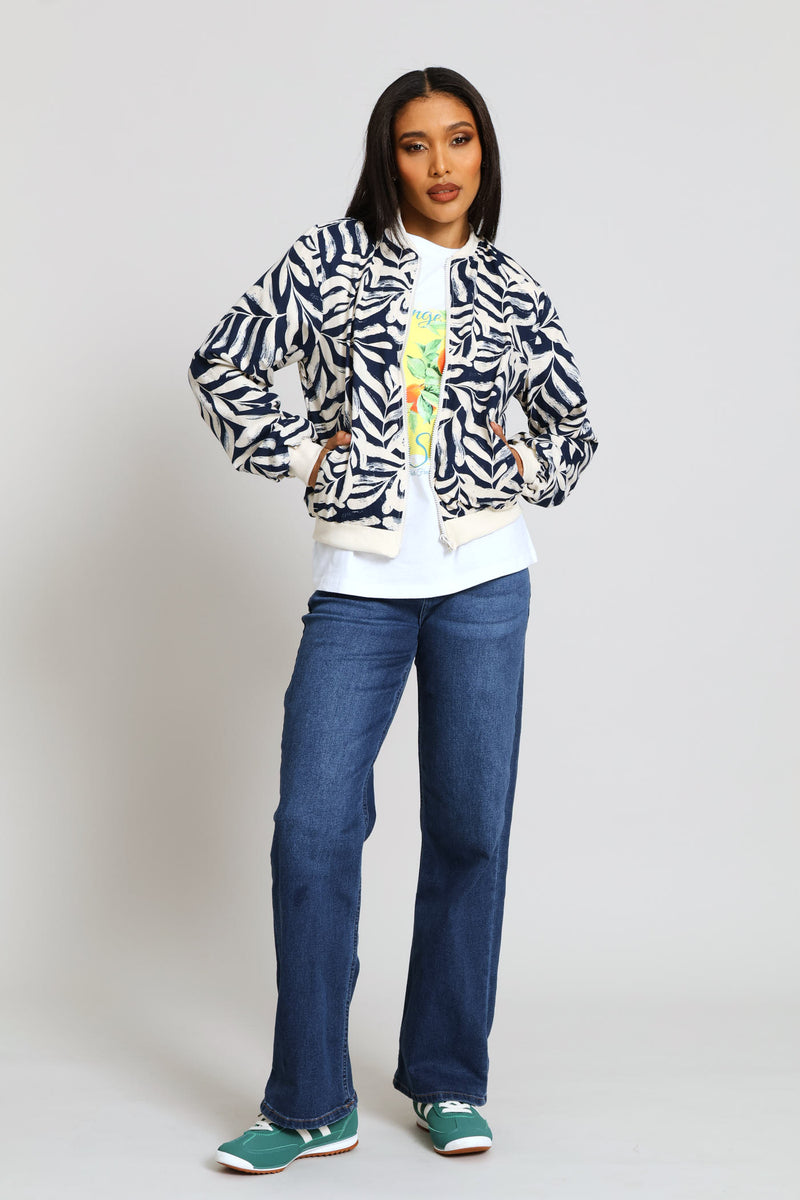 Long Sleeve Printed Bomber Jacket - Navy/Beige