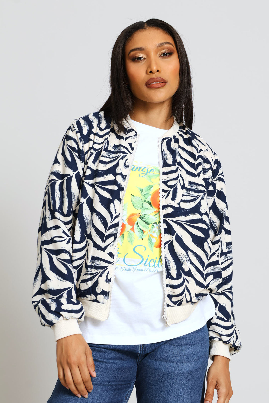 Long Sleeve Printed Bomber Jacket - Navy/Beige