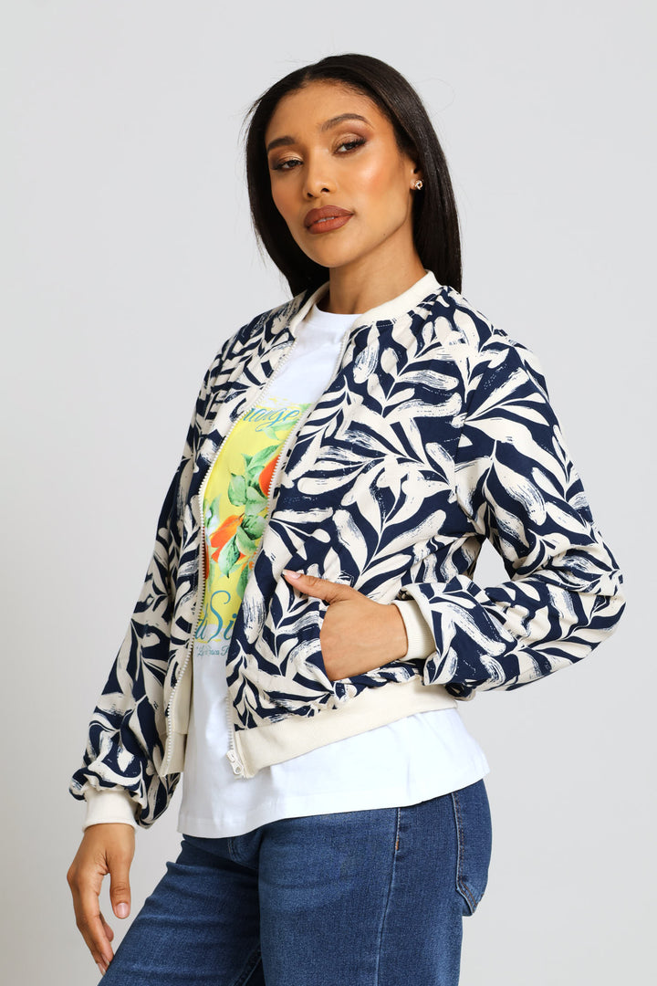 Long Sleeve Printed Bomber Jacket - Navy/Beige