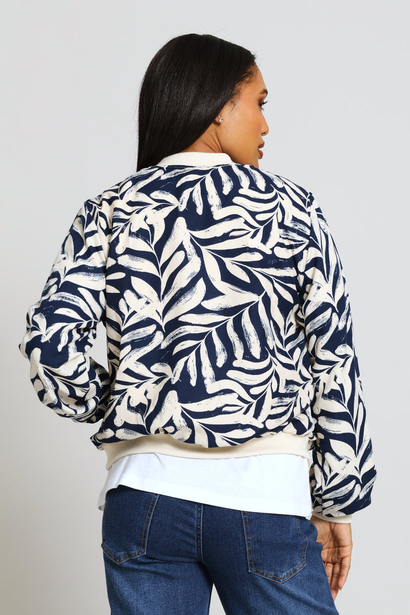 Long Sleeve Printed Bomber Jacket - Navy/Beige