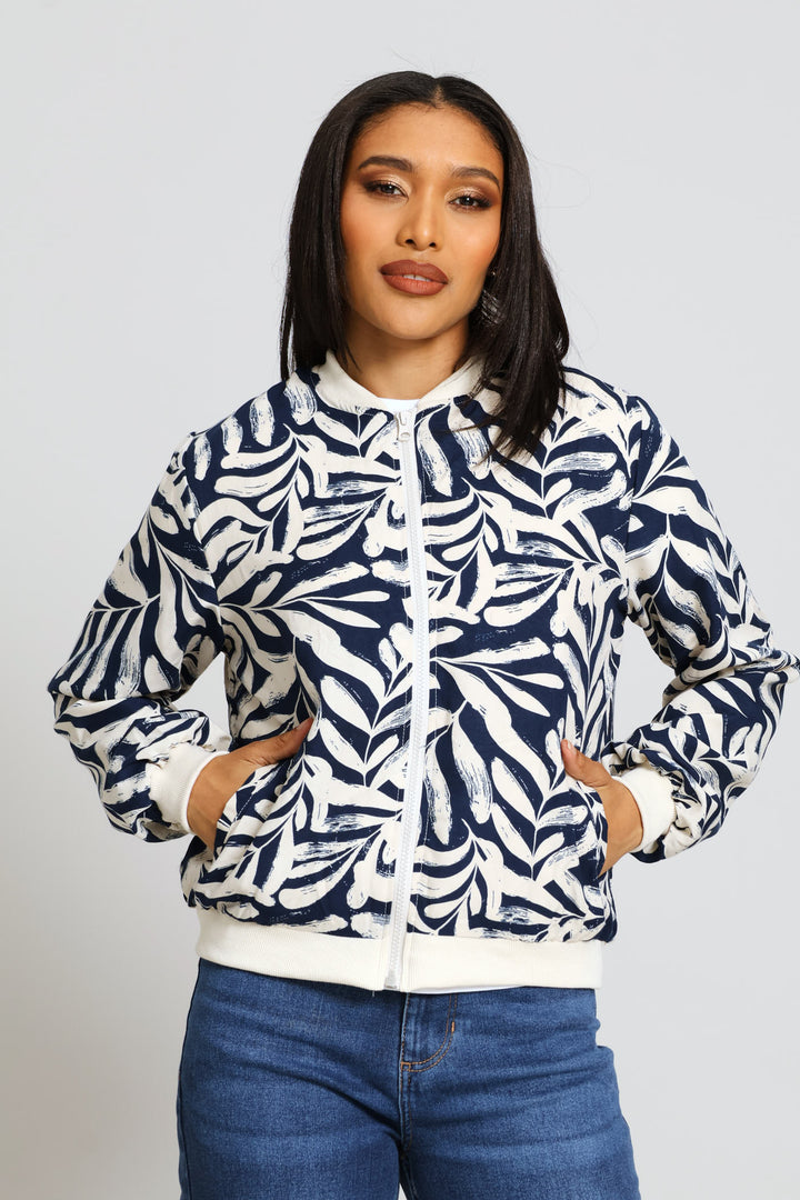 Long Sleeve Printed Bomber Jacket - Navy/Beige