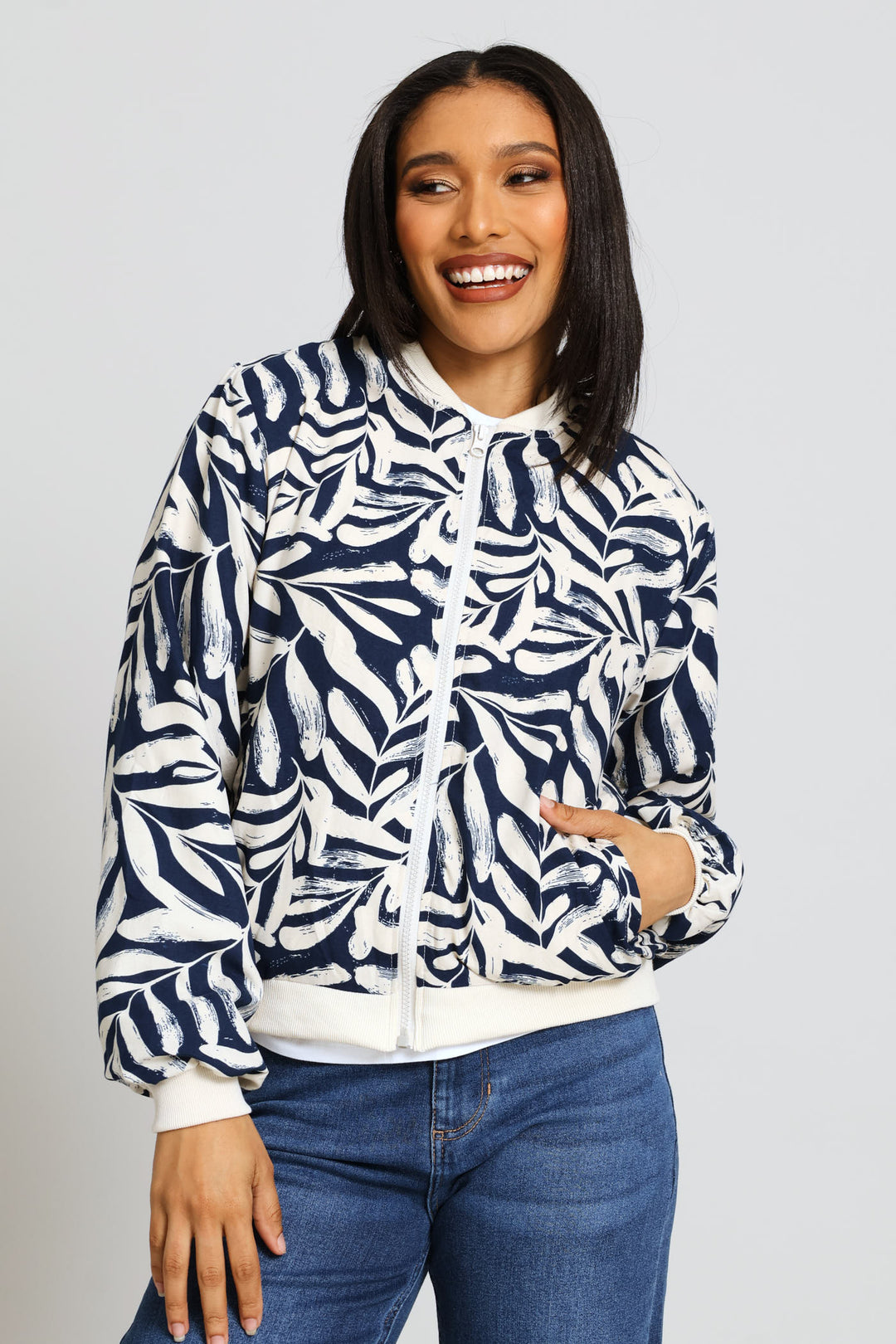 Long Sleeve Printed Bomber Jacket - Navy/Beige