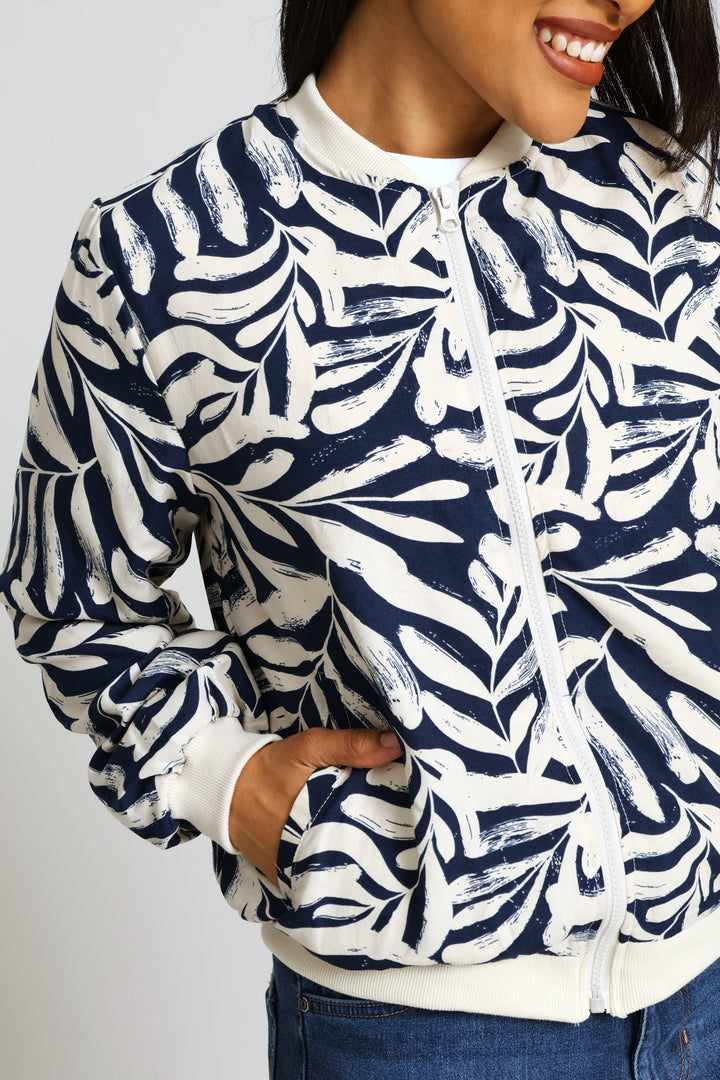 Long Sleeve Printed Bomber Jacket - Navy/Beige