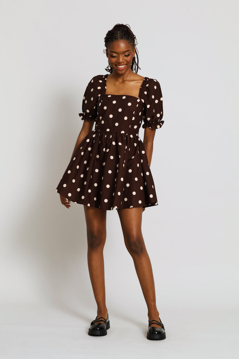 Polka Dot Puff Sleeve Mini Dress - Chocolate