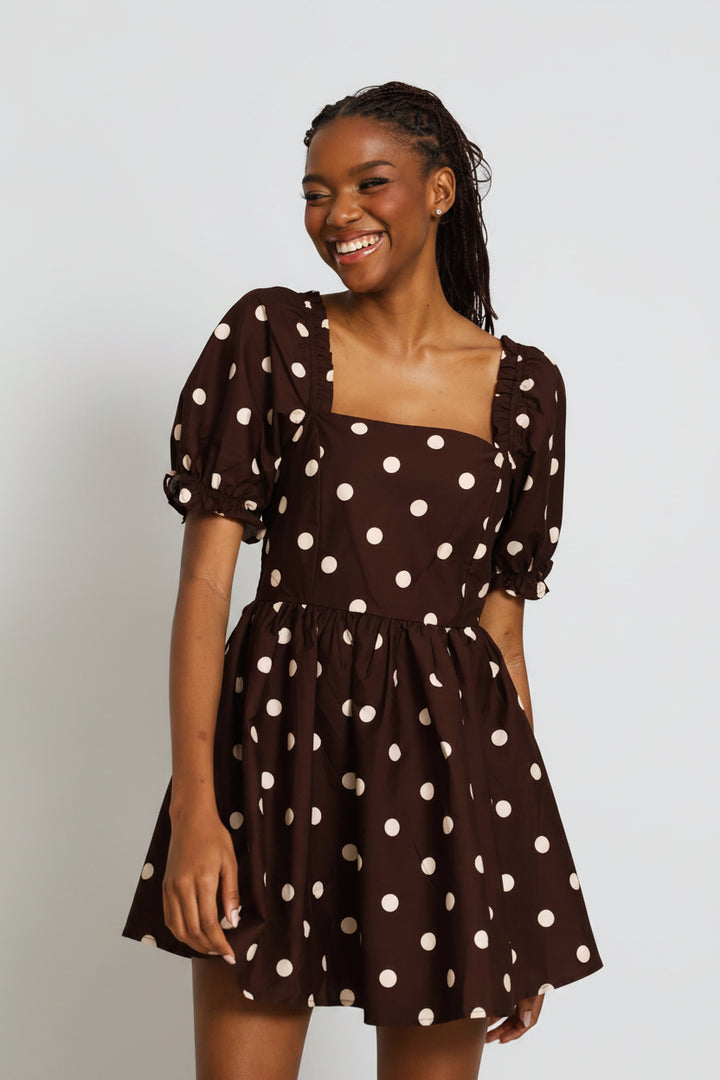 Polka Dot Puff Sleeve Mini Dress - Chocolate